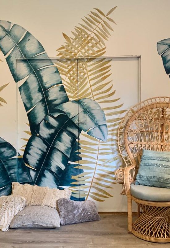 xl banana leaves green and mustard mural