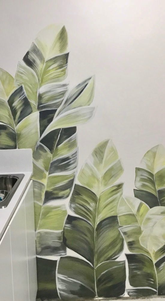 Banana Leaf mural in kitchen close-up